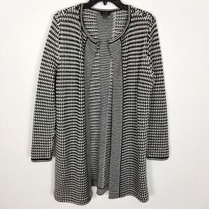 Talbots Women Pure Merino Wool Cardigan Sweater Size M Black White Printed Open